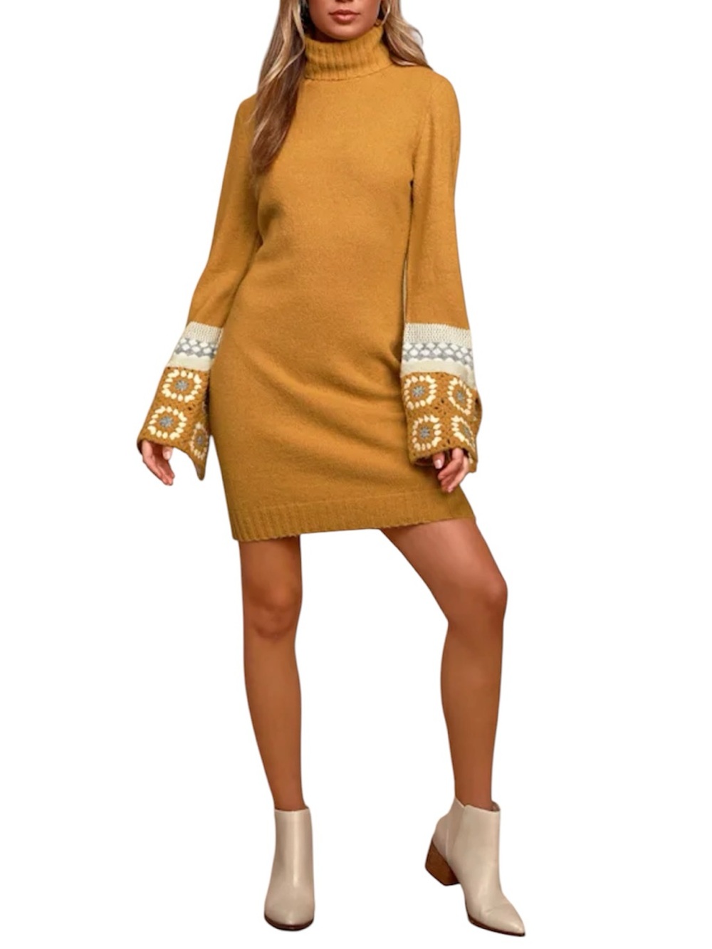 Lulus | It’s Groovy Crochet Sleeve Knit Sweater Dress Yellow Size Small